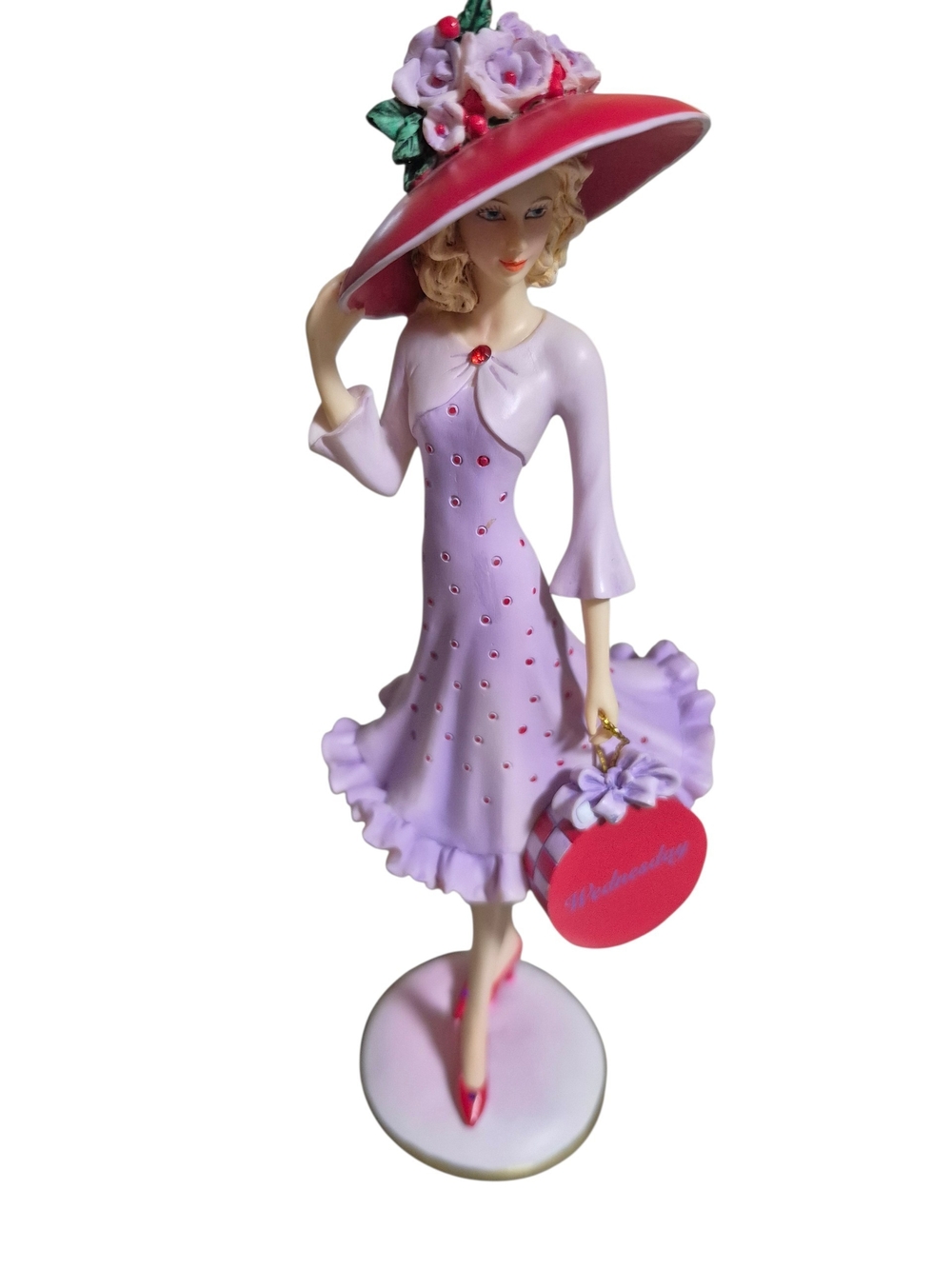 Hats Of The Week Collection. Wednesday Lady. Red Hat Purple Dress Figurine - Picture 2 of 6